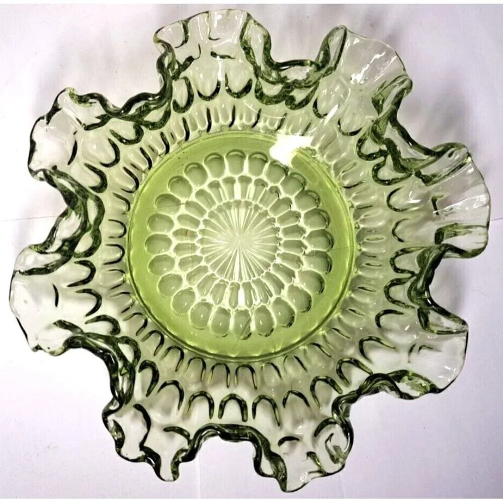Vintage Fenton Colonial Green Ruffle Edge Thumbprint Pattern Glass Bowl